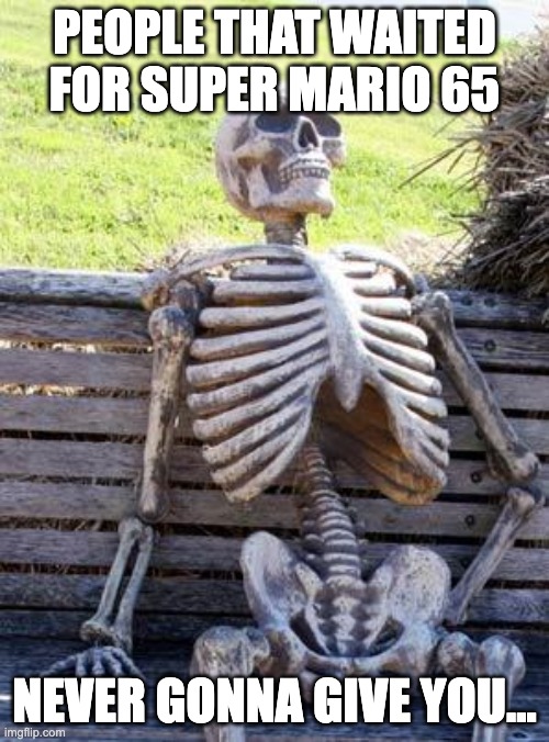 Waiting Skeleton Meme | PEOPLE THAT WAITED FOR SUPER MARIO 65; NEVER GONNA GIVE YOU... | image tagged in memes,waiting skeleton | made w/ Imgflip meme maker