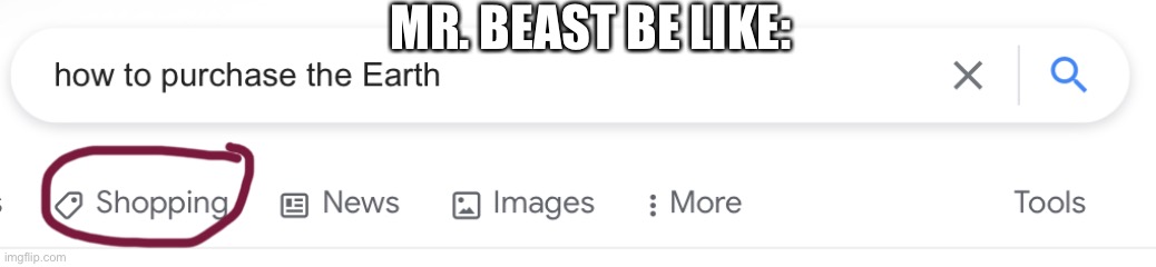 Insert creative title here | MR. BEAST BE LIKE: | image tagged in mr beast,earth,shopping,funny | made w/ Imgflip meme maker