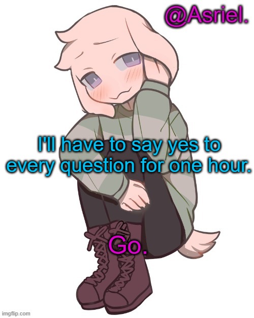 I already have done something wrong- | I'll have to say yes to every question for one hour. Go. | image tagged in asriel temp | made w/ Imgflip meme maker