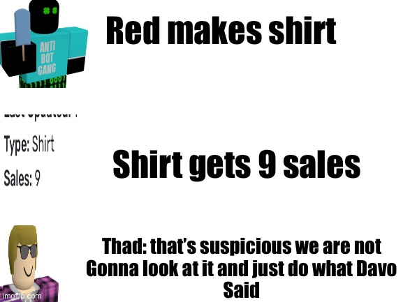 how redlava got banned | Red makes shirt; Shirt gets 9 sales; Thad: that’s suspicious we are not
Gonna look at it and just do what Davo
Said | image tagged in memes,gaming,drama,roblox,banned | made w/ Imgflip meme maker