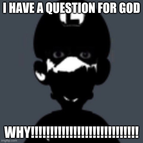 Shadow Luigi | I HAVE A QUESTION FOR GOD; WHY!!!!!!!!!!!!!!!!!!!!!!!!!!!! | image tagged in luigi | made w/ Imgflip meme maker