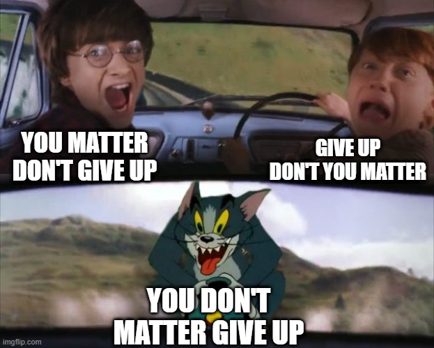 Tom chasing Harry and Ron Weasly | YOU MATTER DON'T GIVE UP GIVE UP DON'T YOU MATTER YOU DON'T MATTER GIVE UP | image tagged in tom chasing harry and ron weasly | made w/ Imgflip meme maker