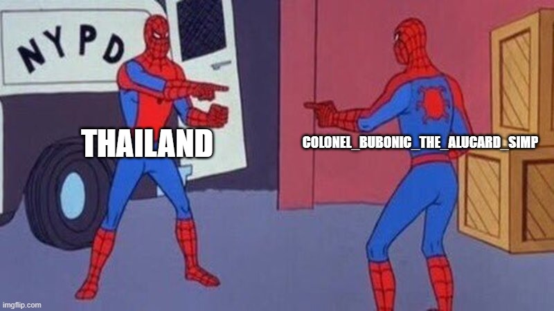 Comment bots pointing at each other (that happened in my last meme lol) | THAILAND; COLONEL_BUBONIC_THE_ALUCARD_SIMP | image tagged in spiderman pointing at spiderman,funny,memes,gifs,not really a gif,relatable | made w/ Imgflip meme maker