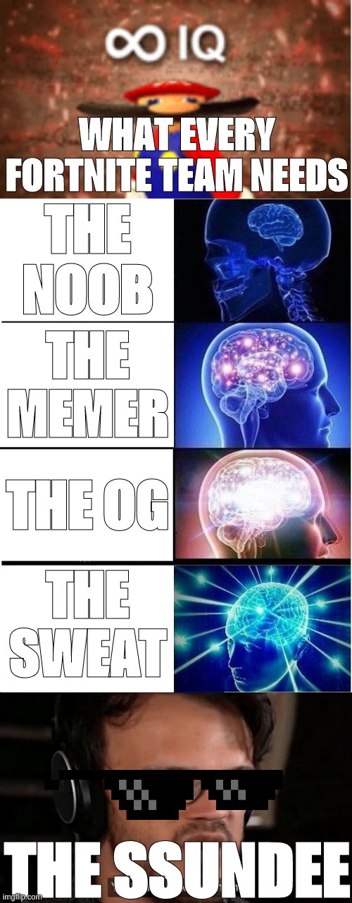 what every Fortnite team needs |  WHAT EVERY FORTNITE TEAM NEEDS; THE
NOOB; THE
MEMER; THE OG; THE
SWEAT; THE SSUNDEE | image tagged in infinite iq,memes,expanding brain,big brain time | made w/ Imgflip meme maker