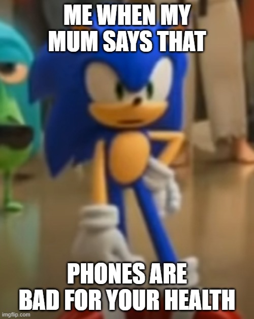 What | ME WHEN MY MUM SAYS THAT; PHONES ARE BAD FOR YOUR HEALTH | image tagged in sonic - bro stop | made w/ Imgflip meme maker