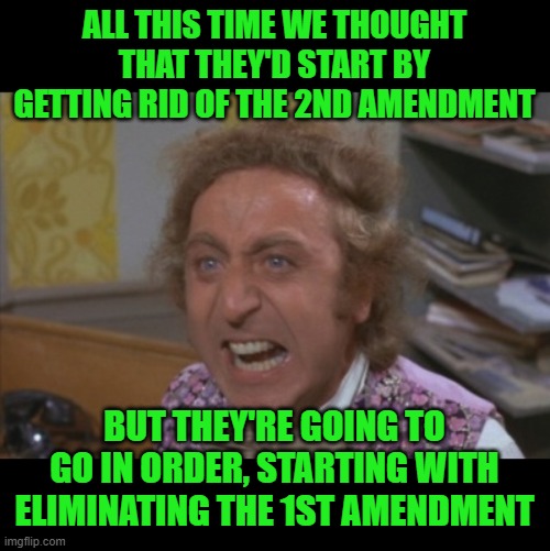 They'll just pick them off one at a time. | ALL THIS TIME WE THOUGHT THAT THEY'D START BY GETTING RID OF THE 2ND AMENDMENT; BUT THEY'RE GOING TO GO IN ORDER, STARTING WITH ELIMINATING THE 1ST AMENDMENT | image tagged in angry willy wonka,first amendment,diinformation governance board,biden | made w/ Imgflip meme maker