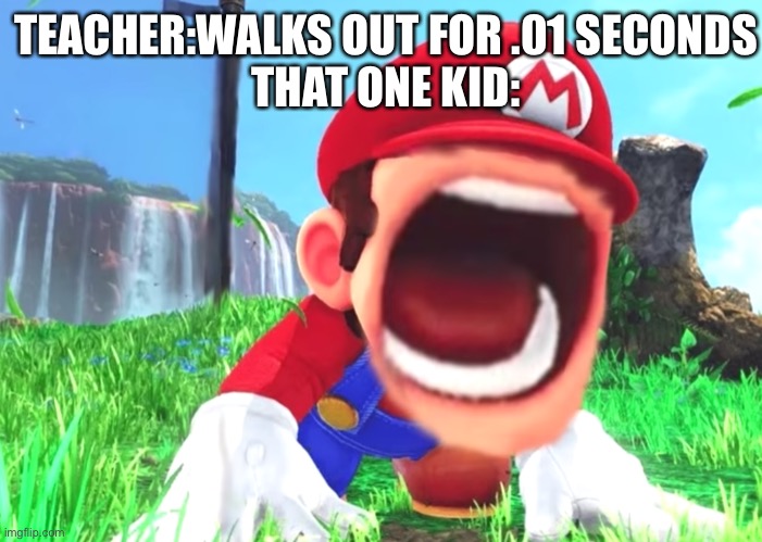 Mario screaming | TEACHER:WALKS OUT FOR .01 SECONDS
THAT ONE KID: | image tagged in mario screaming,bruhh,why are you reading this,stop reading the tags | made w/ Imgflip meme maker