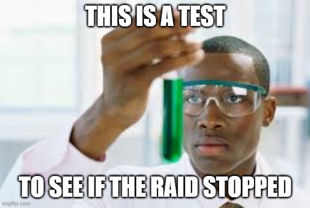 Did it stop? | THIS IS A TEST; TO SEE IF THE RAID STOPPED | image tagged in finally | made w/ Imgflip meme maker