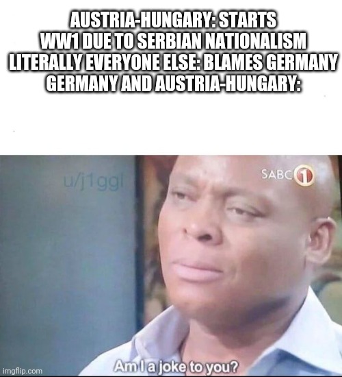am I a joke to you | AUSTRIA-HUNGARY: STARTS WW1 DUE TO SERBIAN NATIONALISM
LITERALLY EVERYONE ELSE: BLAMES GERMANY
GERMANY AND AUSTRIA-HUNGARY: | image tagged in am i a joke to you | made w/ Imgflip meme maker