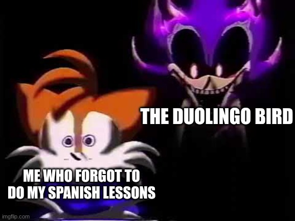 This really happened | THE DUOLINGO BIRD; ME WHO FORGOT TO DO MY SPANISH LESSONS | image tagged in could you repeat that,duolingo bird,sonic exe,stop reading the tags | made w/ Imgflip meme maker