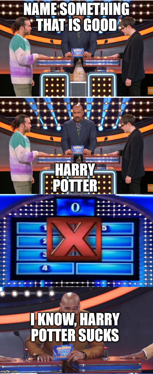 Family Feud Fail | NAME SOMETHING THAT IS GOOD; HARRY POTTER; I KNOW, HARRY POTTER SUCKS | image tagged in family feud fail,memes | made w/ Imgflip meme maker