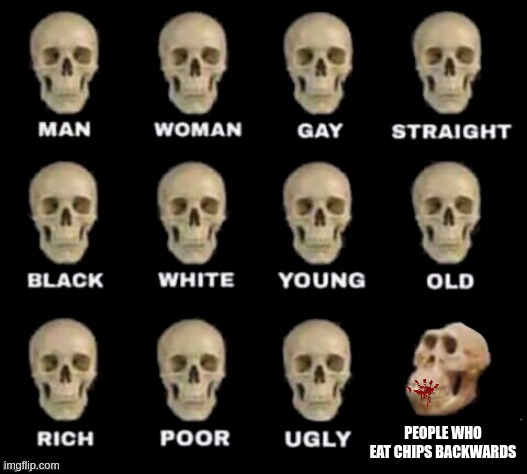 idiot skull |  PEOPLE WHO EAT CHIPS BACKWARDS | image tagged in idiot skull | made w/ Imgflip meme maker