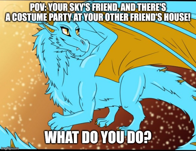Sky Dragon | POV: YOUR SKY'S FRIEND, AND THERE'S A COSTUME PARTY AT YOUR OTHER FRIEND'S HOUSE! WHAT DO YOU DO? | image tagged in sky dragon | made w/ Imgflip meme maker