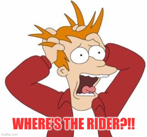 Fry Freaking Out | WHERE'S THE RIDER?!! | image tagged in fry freaking out | made w/ Imgflip meme maker
