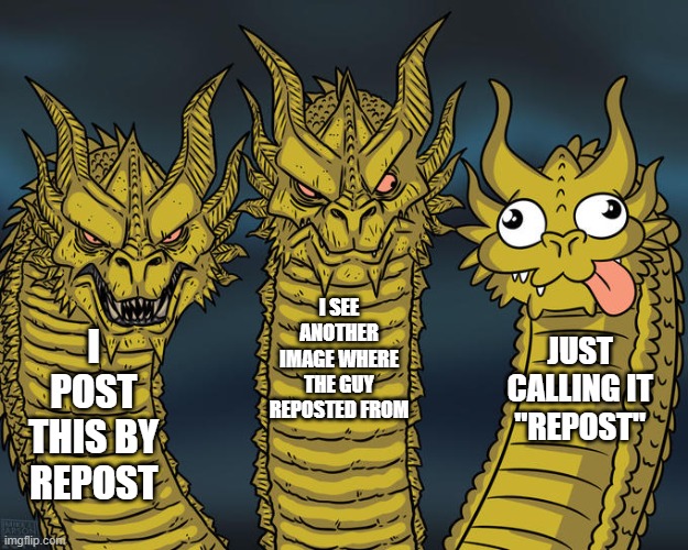 reposted this posted meme | I SEE ANOTHER IMAGE WHERE THE GUY REPOSTED FROM; I POST THIS BY REPOST; JUST CALLING IT "REPOST" | image tagged in three-headed dragon | made w/ Imgflip meme maker