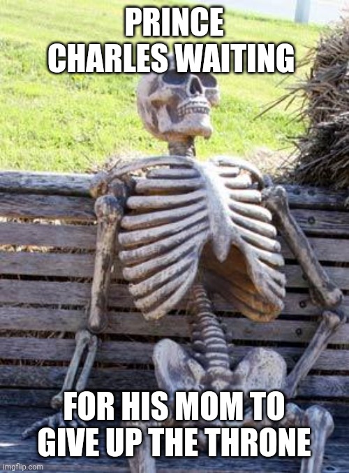 Prince Charles waiting for his mom to give up the throne | PRINCE CHARLES WAITING; FOR HIS MOM TO GIVE UP THE THRONE | image tagged in memes,waiting skeleton | made w/ Imgflip meme maker