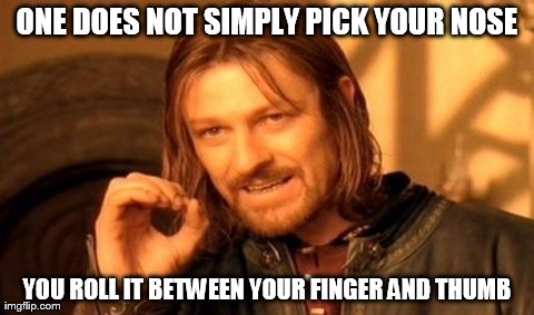 one does not simply | ONE DOES NOT SIMPLY PICK YOUR NOSE YOU ROLL IT BETWEEN YOUR FINGER AND THUMB | image tagged in memes,one does not simply | made w/ Imgflip meme maker