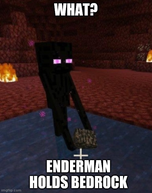 enderman holds bedrock???? | WHAT? ENDERMAN HOLDS BEDROCK | image tagged in meme,minecraft,enderman | made w/ Imgflip meme maker