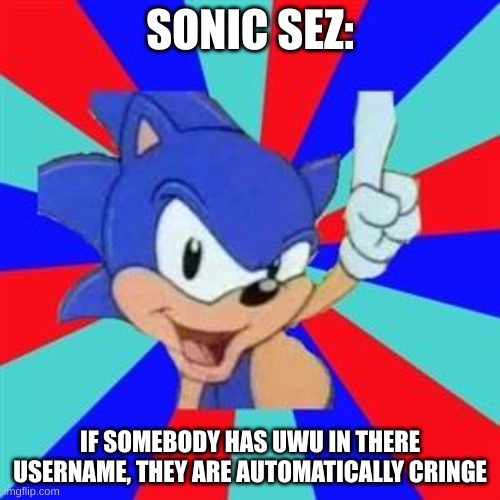 Sonic sez | SONIC SEZ:; IF SOMEBODY HAS UWU IN THERE USERNAME, THEY ARE AUTOMATICALLY CRINGE | image tagged in sonic sez | made w/ Imgflip meme maker