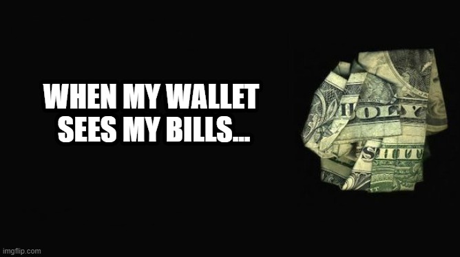 money talks | WHEN MY WALLET 
SEES MY BILLS... | image tagged in money talks | made w/ Imgflip meme maker