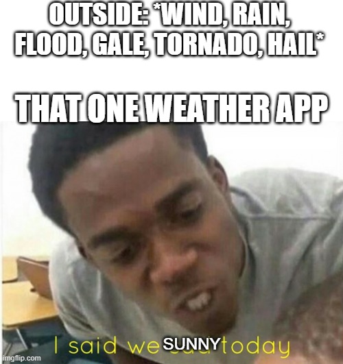 its true | OUTSIDE: *WIND, RAIN, FLOOD, GALE, TORNADO, HAIL*; THAT ONE WEATHER APP; SUNNY | image tagged in i said we ____ today,truth | made w/ Imgflip meme maker
