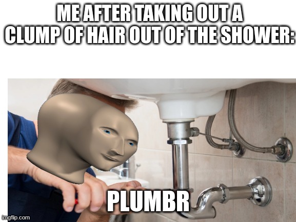 dee-scusting | ME AFTER TAKING OUT A CLUMP OF HAIR OUT OF THE SHOWER:; PLUMBR | image tagged in plumber,meme man,shower,hair | made w/ Imgflip meme maker