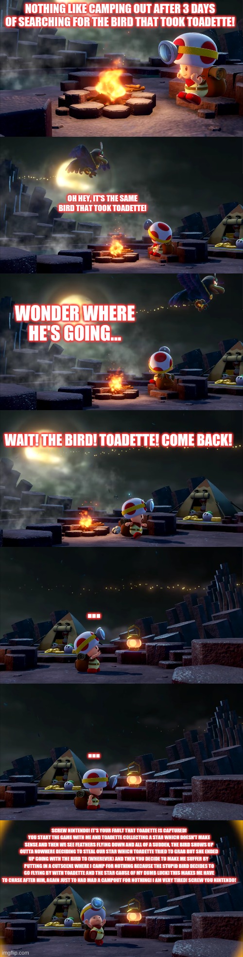 Captain toad gives nintendo a stern talking to | NOTHING LIKE CAMPING OUT AFTER 3 DAYS OF SEARCHING FOR THE BIRD THAT TOOK TOADETTE! OH HEY, IT'S THE SAME BIRD THAT TOOK TOADETTE! WONDER WHERE HE'S GOING... WAIT! THE BIRD! TOADETTE! COME BACK! ... ... SCREW NINTENDO! IT'S YOUR FAULT THAT TOADETTE IS CAPTURED! YOU START THE GAME WITH ME AND TOADETTE COLLECTING A STAR WHICH DOESN'T MAKE SENSE AND THEN WE SEE FEATHERS FLYING DOWN AND ALL OF A SUDDEN, THE BIRD SHOWS UP OUTTA NOWHERE DECIDING TO STEAL OUR STAR WHICH TOADETTE TRIED TO GRAB BUT SHE ENDED UP GOING WITH THE BIRD TO (WHEREVER) AND THEN YOU DECIDE TO MAKE ME SUFFER BY  PUTTING IN A CUTSCENE WHERE I CAMP FOR NOTHING BECAUSE THE STUPID BIRD DECIDES TO GO FLYING BY WITH TOADETTE AND THE STAR CAUSE OF MY DUMB LUCK! THIS MAKES ME HAVE TO CHASE AFTER HIM, AGAIN JUST TO HAD MAD A CAMPOUT FOR NOTHING! I AM VERY TIRED! SCREW YOU NINTENDO! | image tagged in funny | made w/ Imgflip meme maker