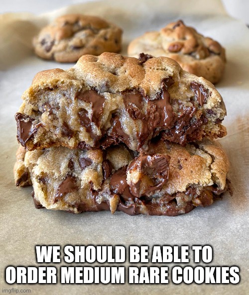 WE SHOULD BE ABLE TO ORDER MEDIUM RARE COOKIES | image tagged in funny memes | made w/ Imgflip meme maker