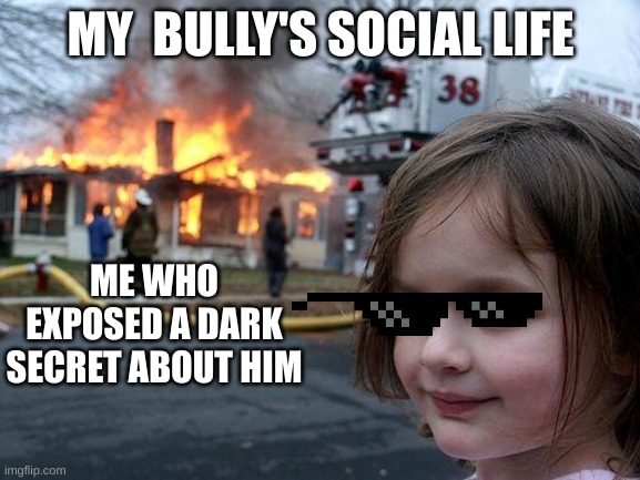 Disaster Girl | MY  BULLY'S SOCIAL LIFE; ME WHO EXPOSED A DARK SECRET ABOUT HIM | image tagged in memes,disaster girl | made w/ Imgflip meme maker