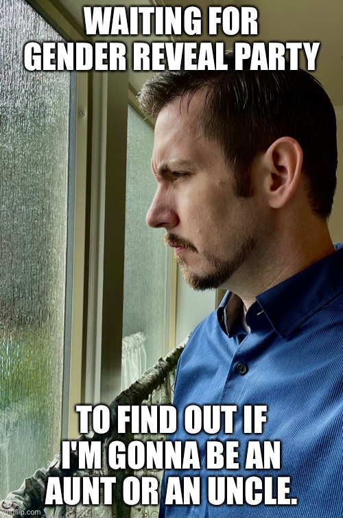 Window guy | WAITING FOR GENDER REVEAL PARTY; TO FIND OUT IF I'M GONNA BE AN AUNT OR AN UNCLE. | image tagged in window guy | made w/ Imgflip meme maker