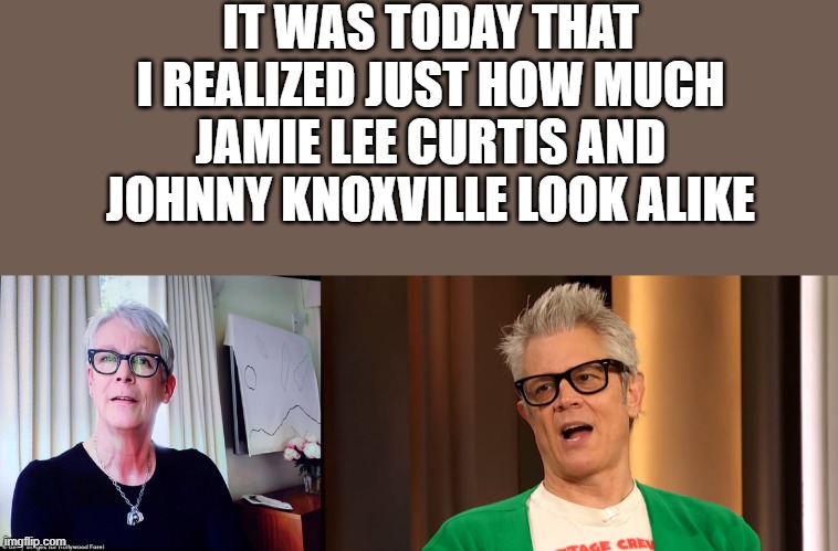 Jamie Lee Curtis & Johnny Knoxville Look A Like |  IT WAS TODAY THAT I REALIZED JUST HOW MUCH JAMIE LEE CURTIS AND JOHNNY KNOXVILLE LOOK ALIKE | image tagged in jamie lee curtis,johnny knoxville,look a like,funny,funny memes,memes | made w/ Imgflip meme maker