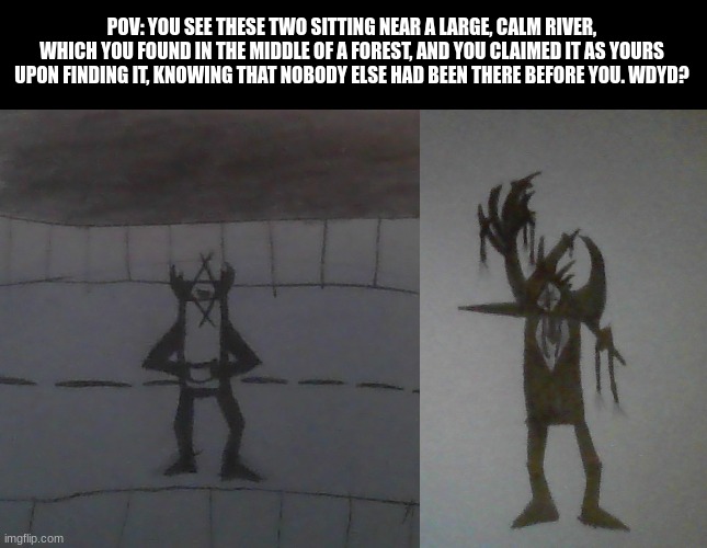 No REALLY, REALLY OP, joke, or Bambi OCs, and no ERP or romance. | POV: YOU SEE THESE TWO SITTING NEAR A LARGE, CALM RIVER, WHICH YOU FOUND IN THE MIDDLE OF A FOREST, AND YOU CLAIMED IT AS YOURS UPON FINDING IT, KNOWING THAT NOBODY ELSE HAD BEEN THERE BEFORE YOU. WDYD? | made w/ Imgflip meme maker