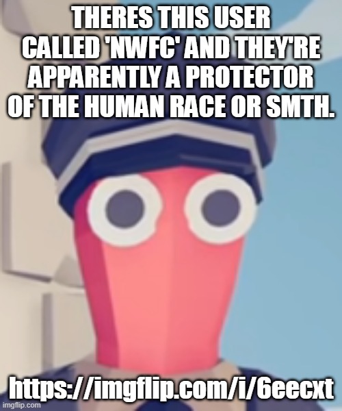 https://imgflip.com/i/6eecxt | THERES THIS USER CALLED 'NWFC' AND THEY'RE APPARENTLY A PROTECTOR OF THE HUMAN RACE OR SMTH. https://imgflip.com/i/6eecxt | image tagged in tabs stare | made w/ Imgflip meme maker