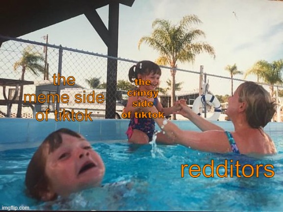give them a break. yall are not critics | the meme side of tiktok; the cringy side of tiktok; redditors | image tagged in drowning kid in the pool | made w/ Imgflip meme maker