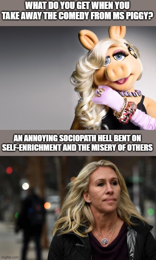 How did that image get down there? I was psychoanalyzing Ms. Piggy... | WHAT DO YOU GET WHEN YOU TAKE AWAY THE COMEDY FROM MS PIGGY? AN ANNOYING SOCIOPATH HELL BENT ON SELF-ENRICHMENT AND THE MISERY OF OTHERS | image tagged in ms piggy,what marjorie taylor greene says about marjorie taylor greene,mgt,crazy,terrorist,qanon | made w/ Imgflip meme maker