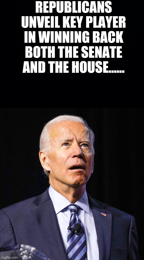 We need biden | REPUBLICANS UNVEIL KEY PLAYER IN WINNING BACK BOTH THE SENATE AND THE HOUSE...... | image tagged in black background,joe biden | made w/ Imgflip meme maker