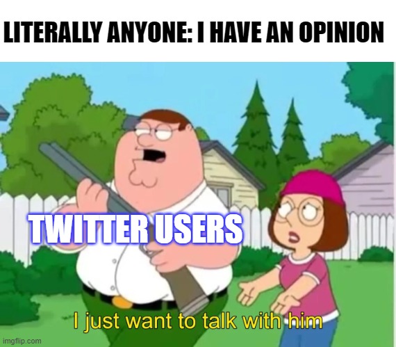 TWITTER USERS LITERALLY ANYONE: I HAVE AN OPINION | image tagged in blank white template,i just want to talk with him | made w/ Imgflip meme maker
