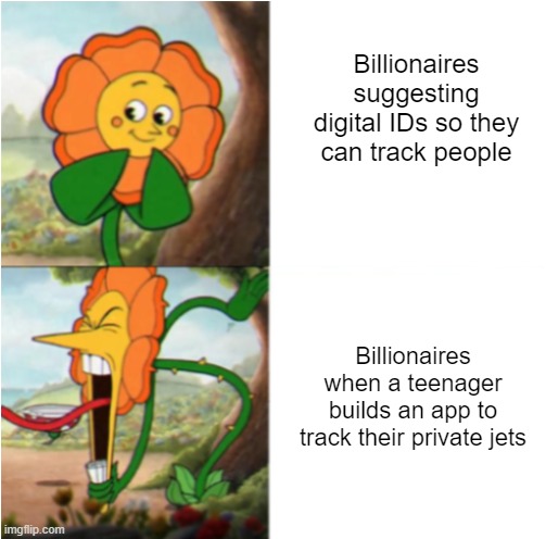 How much to get you to stop? | Billionaires suggesting digital IDs so they can track people; Billionaires when a teenager builds an app to track their private jets | image tagged in reverse cuphead flower | made w/ Imgflip meme maker