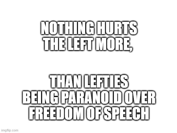 Blank White Template | NOTHING HURTS THE LEFT MORE, THAN LEFTIES BEING PARANOID OVER FREEDOM OF SPEECH | image tagged in blank white template | made w/ Imgflip meme maker