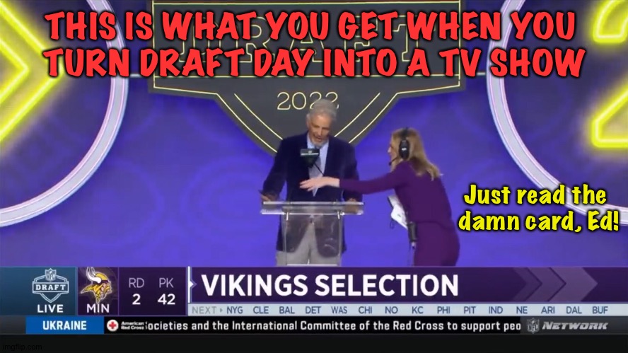 Ed Marinaro drones on and on... | THIS IS WHAT YOU GET WHEN YOU 
TURN DRAFT DAY INTO A TV SHOW; Just read the 
damn card, Ed! | image tagged in ed marinaro,draft day | made w/ Imgflip meme maker