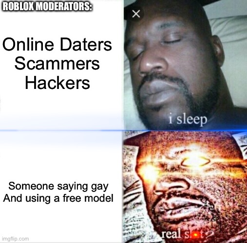 Roblox mods in a nutshell | Online Daters
Scammers
Hackers; ROBLOX MODERATORS:; Someone saying gay

And using a free model | image tagged in memes,sleeping shaq | made w/ Imgflip meme maker