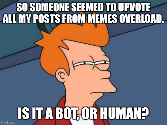 Like, I need to know. | SO SOMEONE SEEMED TO UPVOTE ALL MY POSTS FROM MEMES OVERLOAD. IS IT A BOT, OR HUMAN? | image tagged in memes,futurama fry | made w/ Imgflip meme maker