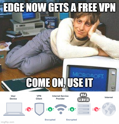 Surely you're joking, mr. gates |  EDGE NOW GETS A FREE VPN; COME ON, USE IT; NSA
SERVER | image tagged in bill gates sexy,microsoft,microsoft edge,bill gates,vpn,cybersecurity | made w/ Imgflip meme maker