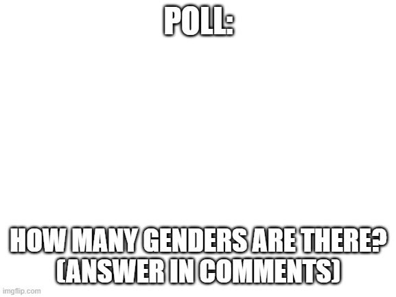 Blank White Template | POLL:; HOW MANY GENDERS ARE THERE?
(ANSWER IN COMMENTS) | image tagged in blank white template | made w/ Imgflip meme maker