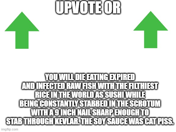 Blank White Template | UPVOTE OR; YOU WILL DIE EATING EXPIRED AND INFECTED RAW FISH WITH THE FILTHIEST RICE IN THE WORLD AS SUSHI WHILE BEING CONSTANTLY STABBED IN THE SCROTUM WITH A 9 INCH NAIL SHARP ENOUGH TO STAB THROUGH KEVLAR. THE SOY SAUCE WAS CAT PISS. | image tagged in blank white template | made w/ Imgflip meme maker