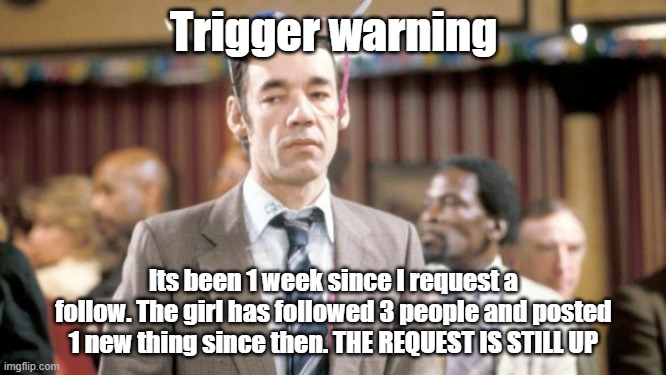 AGHHHH | Trigger warning; Its been 1 week since I request a follow. The girl has followed 3 people and posted 1 new thing since then. THE REQUEST IS STILL UP | image tagged in trigger warning | made w/ Imgflip meme maker