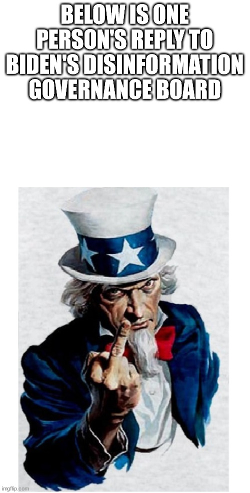 Also most people's reply. | BELOW IS ONE PERSON'S REPLY TO BIDEN'S DISINFORMATION GOVERNANCE BOARD | image tagged in uncle sam middle finger,1984,political meme,scumbag government,government corruption | made w/ Imgflip meme maker