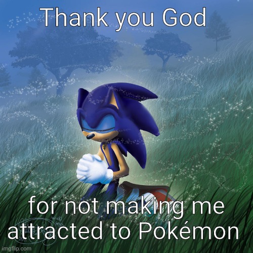 off topic but who takes sonic art like this seriously. genuinely | Thank you God; for not making me attracted to Pokémon | image tagged in sonic praying | made w/ Imgflip meme maker