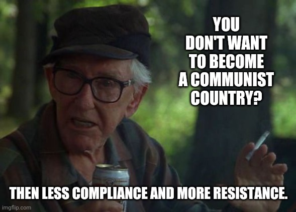 We're complying our way into a communist country. | YOU DON'T WANT TO BECOME A COMMUNIST COUNTRY? THEN LESS COMPLIANCE AND MORE RESISTANCE. | image tagged in wise old man | made w/ Imgflip meme maker