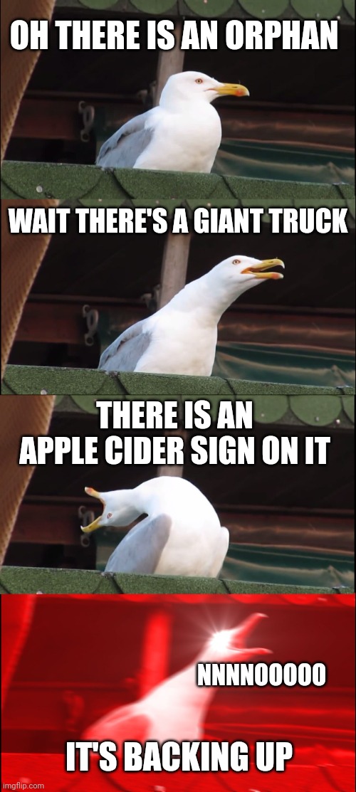 Inhaling Seagull Meme | OH THERE IS AN ORPHAN WAIT THERE'S A GIANT TRUCK NNNNOOOOO IT'S BACKING UP THERE IS AN APPLE CIDER SIGN ON IT | image tagged in memes,inhaling seagull | made w/ Imgflip meme maker